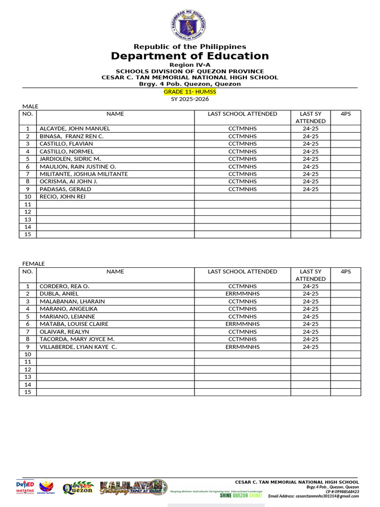 Grade 11 HUMSS Enrollment List 2025-2026 | PDF | Philippines