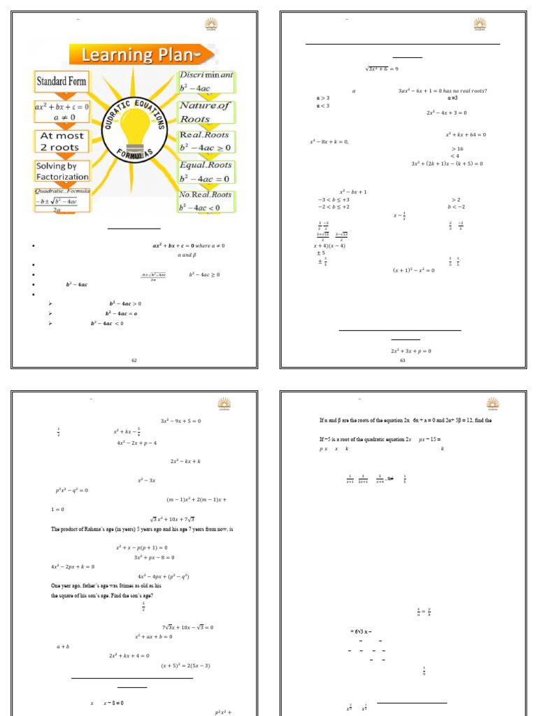 Quadratic Equations Learning Plan | PDF | Mathematics | Mathematical ...