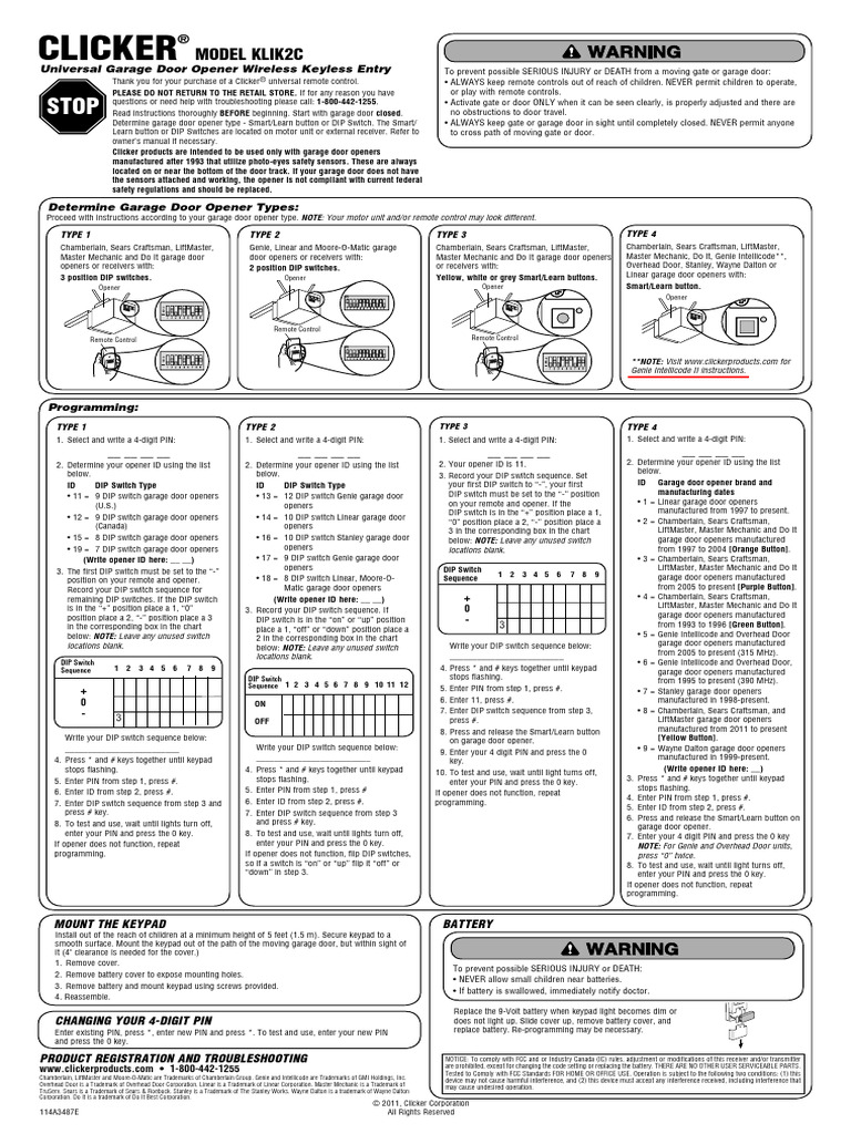 Clicker Garage Door Keypad Setup Guide | PDF