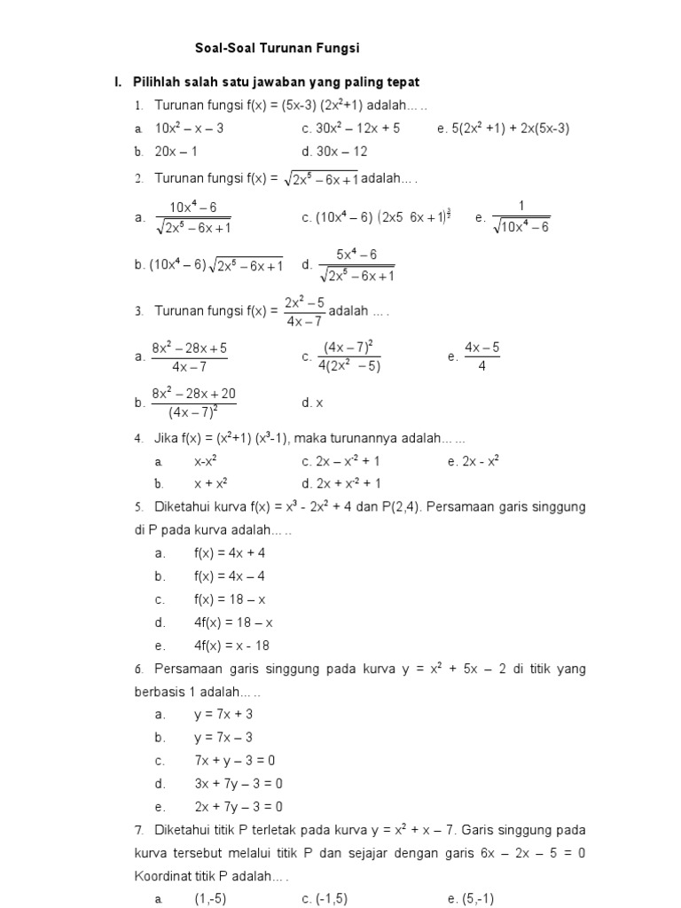 Bank Soal Matematika Fungsi Turunan