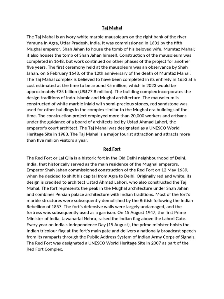 Taj Mahal and Red Fort Overview | PDF