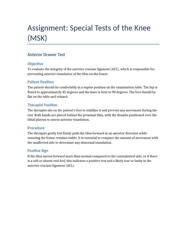 Knee Special Tests: ACL, PCL, Meniscus Evaluation | PDF | Knee | Joints