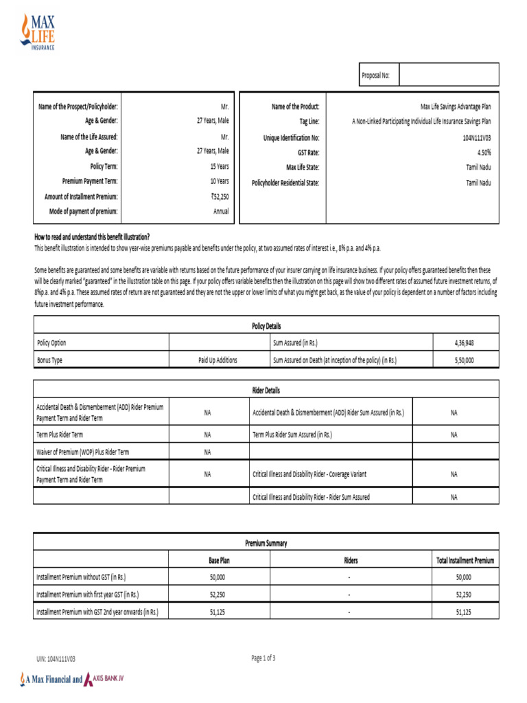UIN: 104N111V03 Page 1 of 3 | PDF | Life Insurance | Insurance