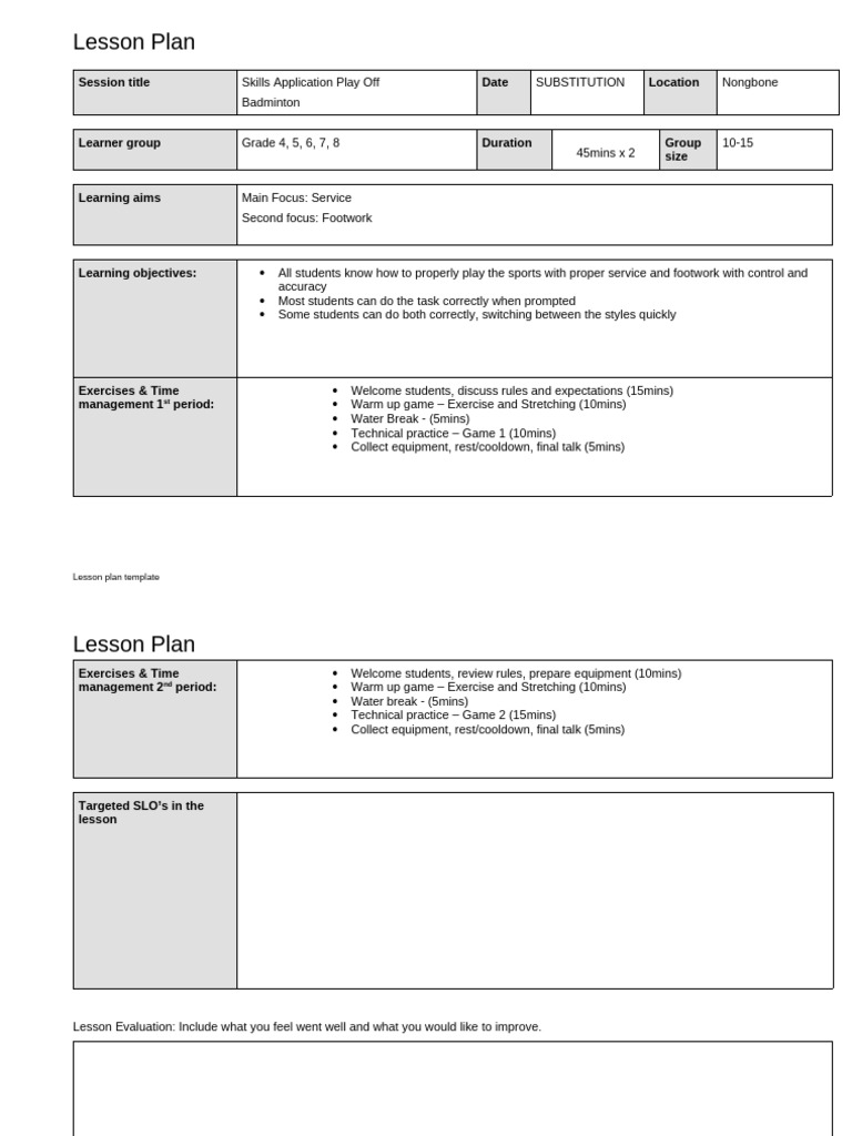 Badminton Skills Lesson Plan for Grades 4-8 | PDF