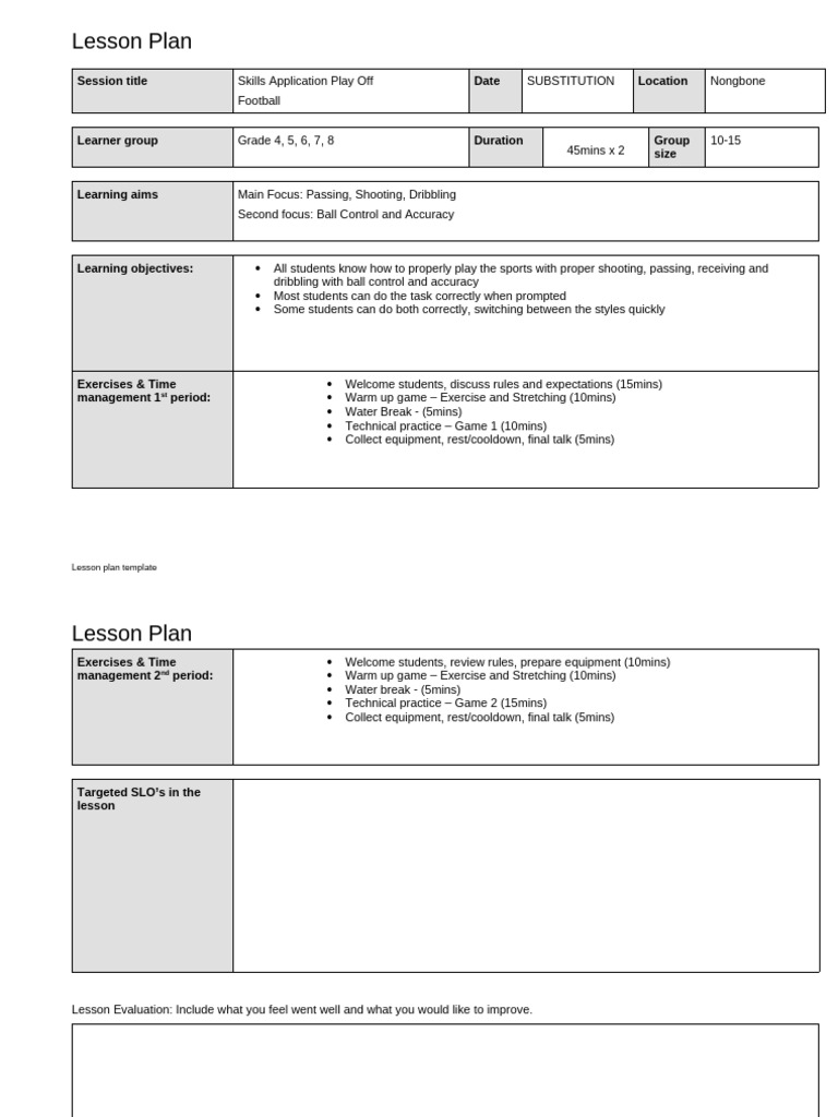 Football Skills Lesson Plan for Grades 4-8 | PDF