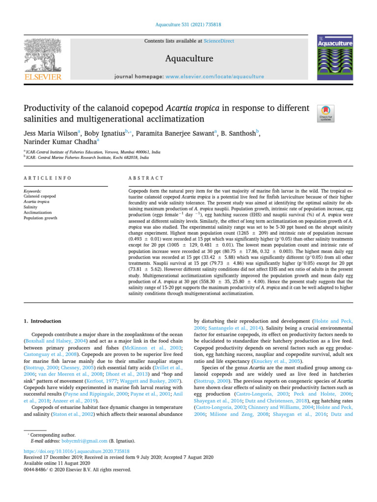 Productivity of The Calanoid Copepod Acartia | PDF