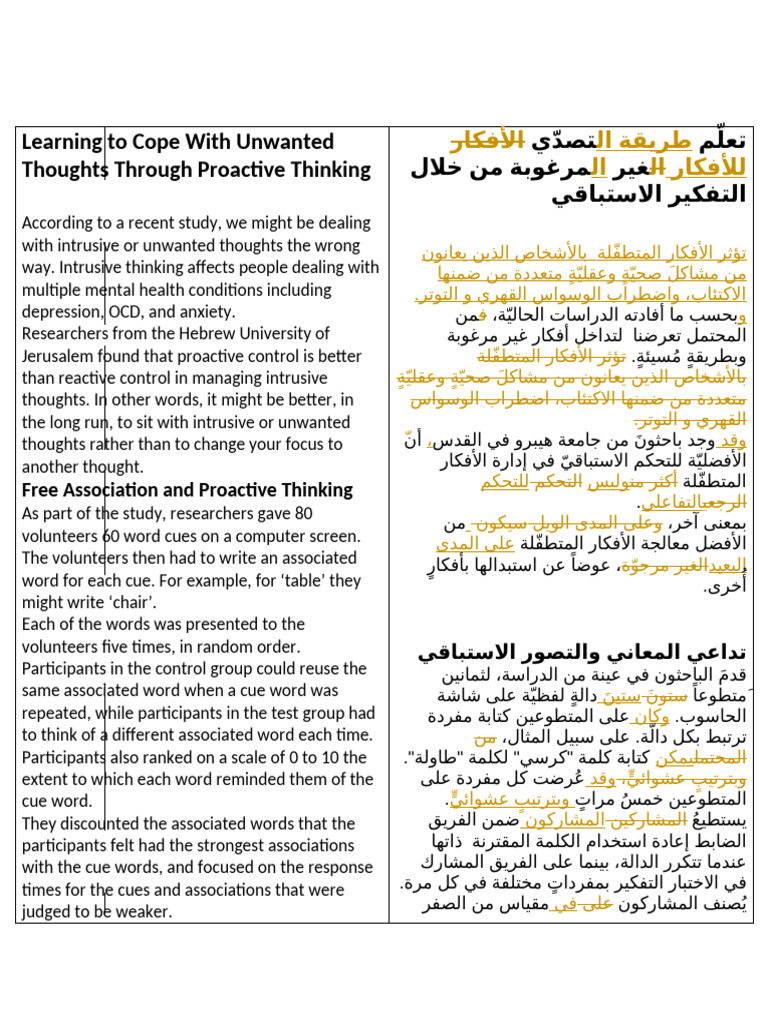 Learning To Cope With Unwanted Thoughts Through Proactive Thinking | PDF