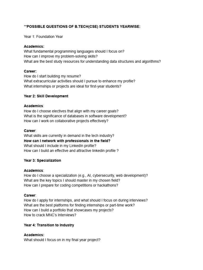 Essential Questions for B.Tech CSE Students | PDF | Computer ...