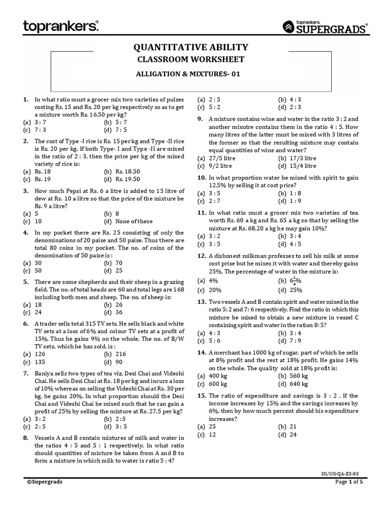 Alligation and Mixtures Practice Problems | PDF | Ratio