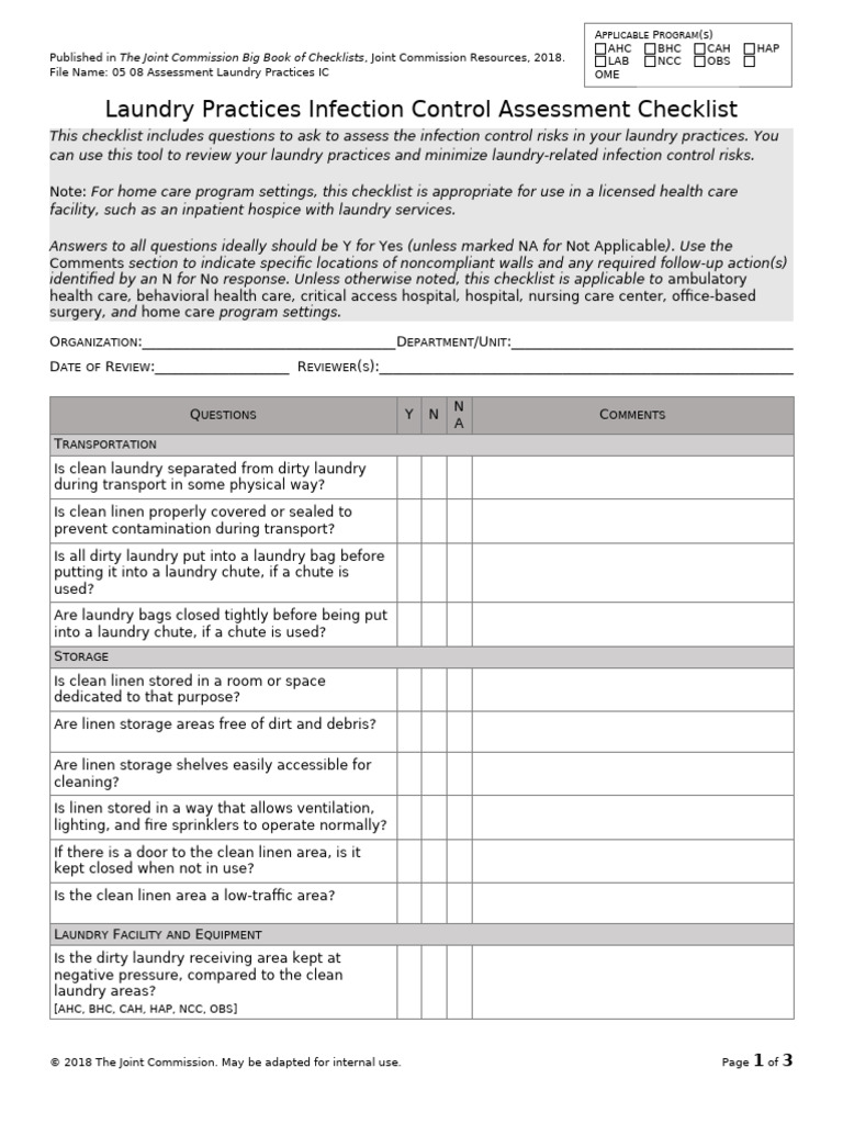Laundry Infection Control Checklist | PDF | Laundry | Medicine