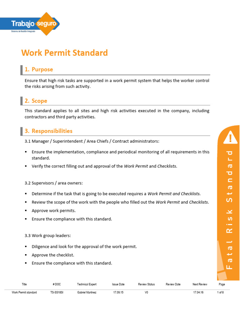 Work Permit Safety Standard Guide | PDF | Safety | Risk