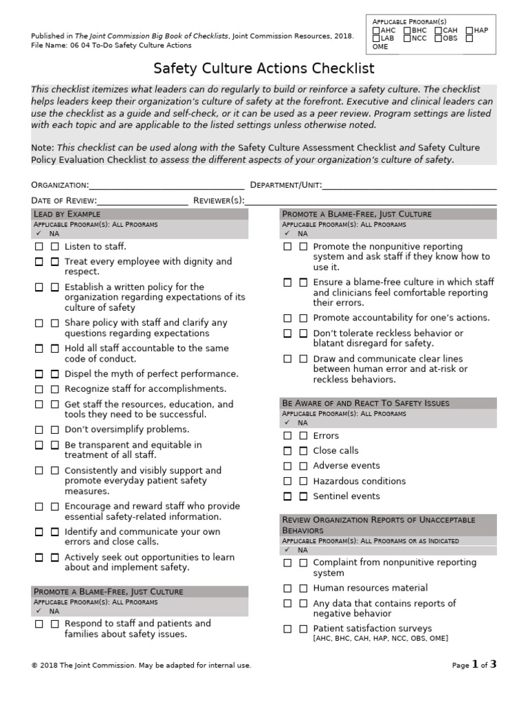Safety Culture Actions Checklist | PDF | Joint Commission