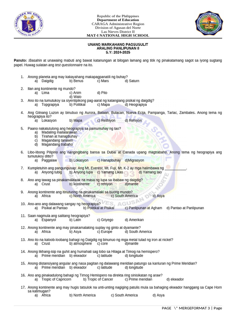 Test Questionnaire: Unang Markahang Pagsusulit Araling Panlipunan 8 S.Y ...