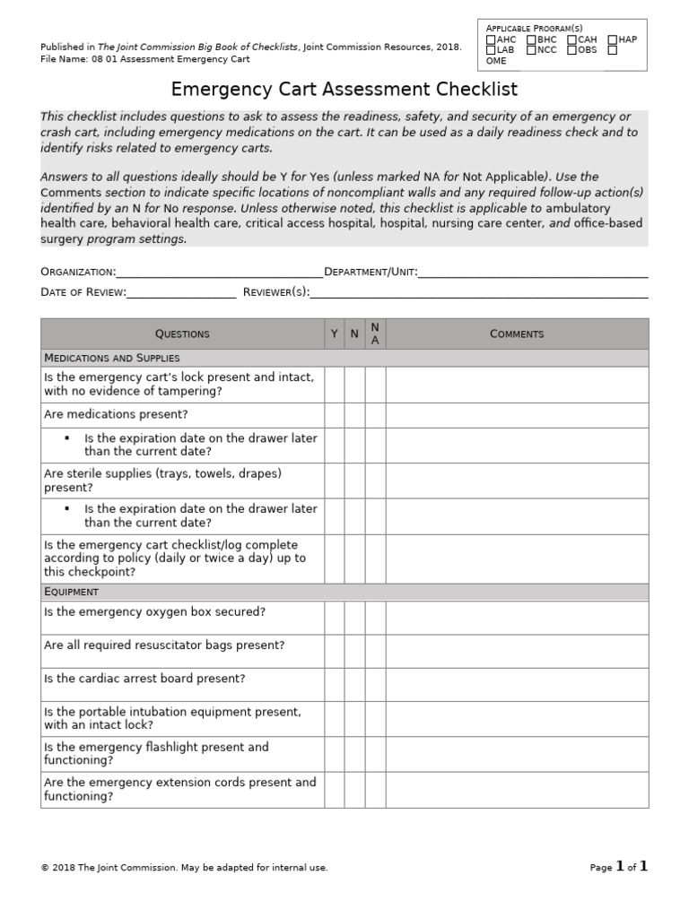 Emergency Cart Assessment Checklist | PDF | Medical Specialties | Medicine