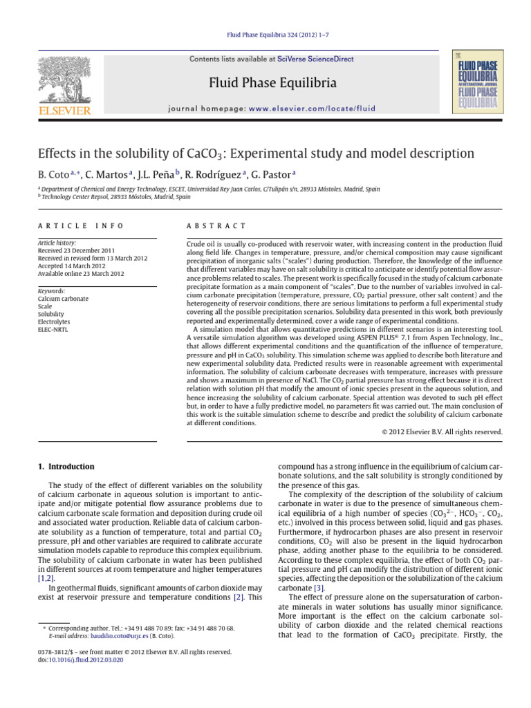 2012 Fluid Phase Eq., CaCO3 Solubility | PDF | Solubility | Carbon Dioxide