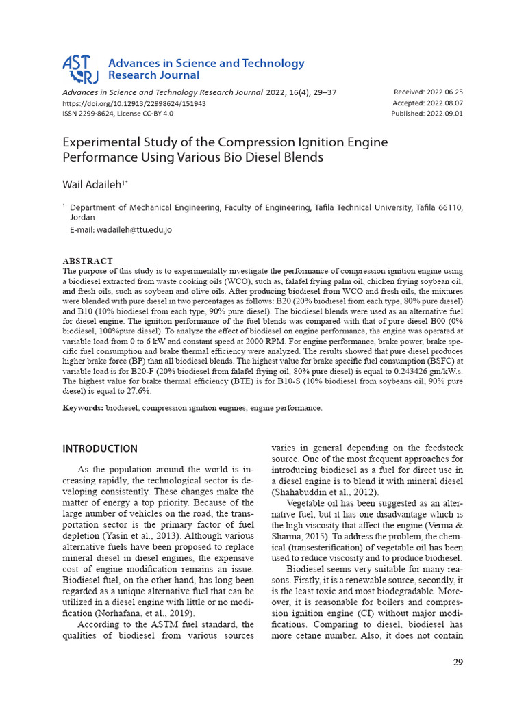 Biodiesel Blends in Diesel Engines Performance | PDF | Biodiesel ...