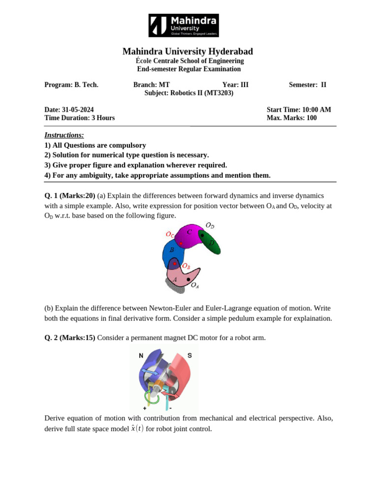MT3203 RoboticsII 2023 Endsem Set1 | PDF | Matrix (Mathematics ...