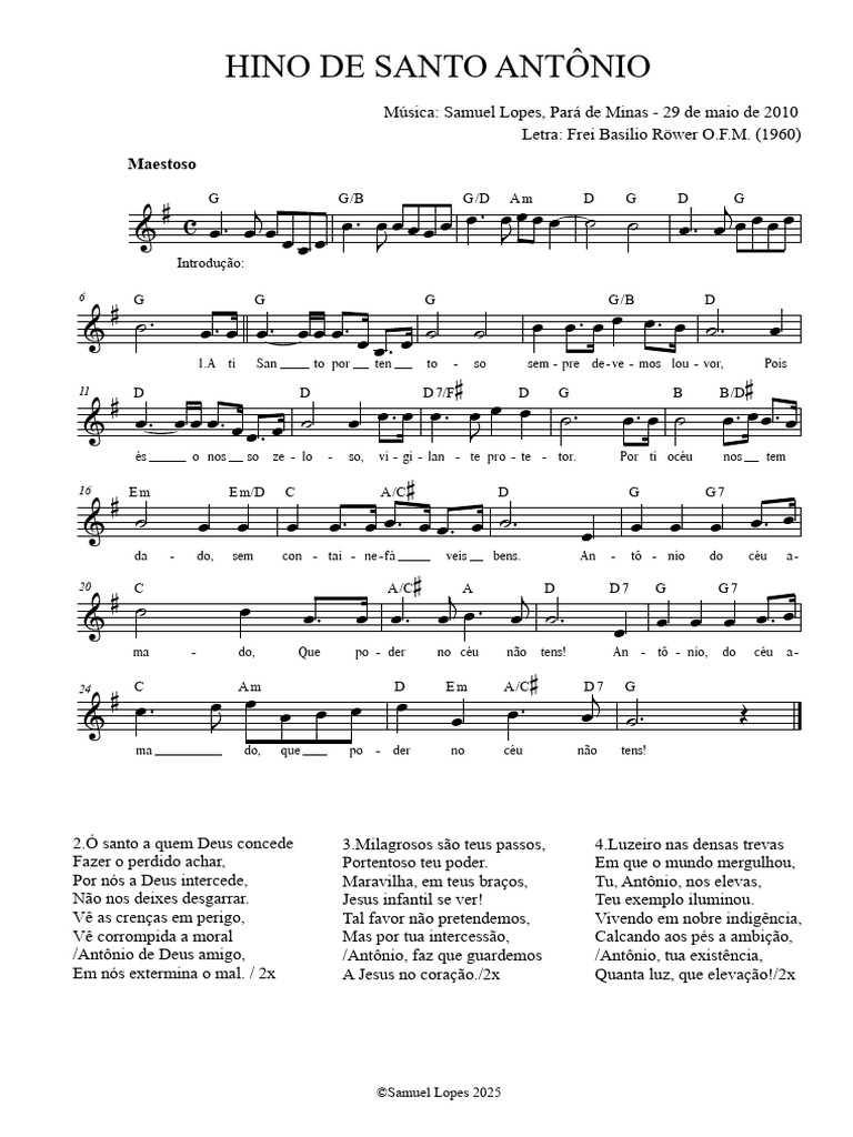 Letra do Hino de Santo Antônio | PDF | Crença e doutrina religiosa