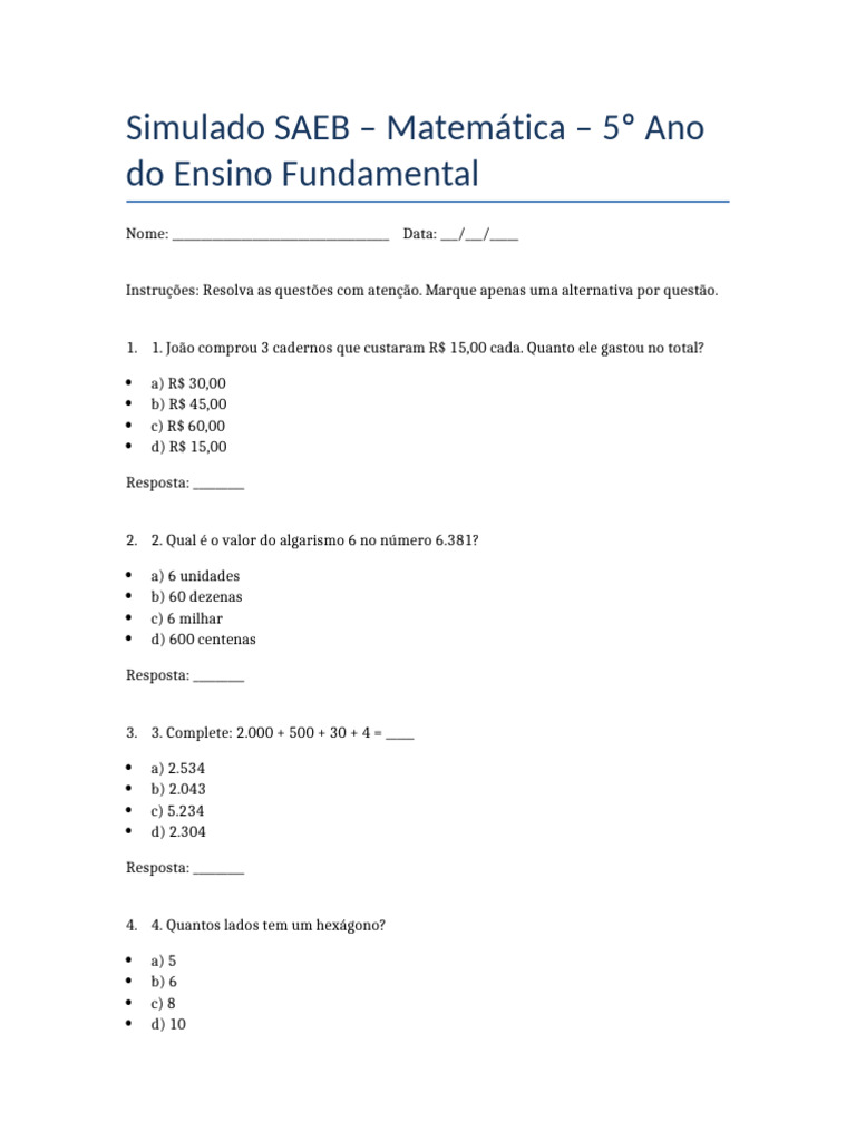 Simulado de Matemática - 5º Ano SAEB | PDF
