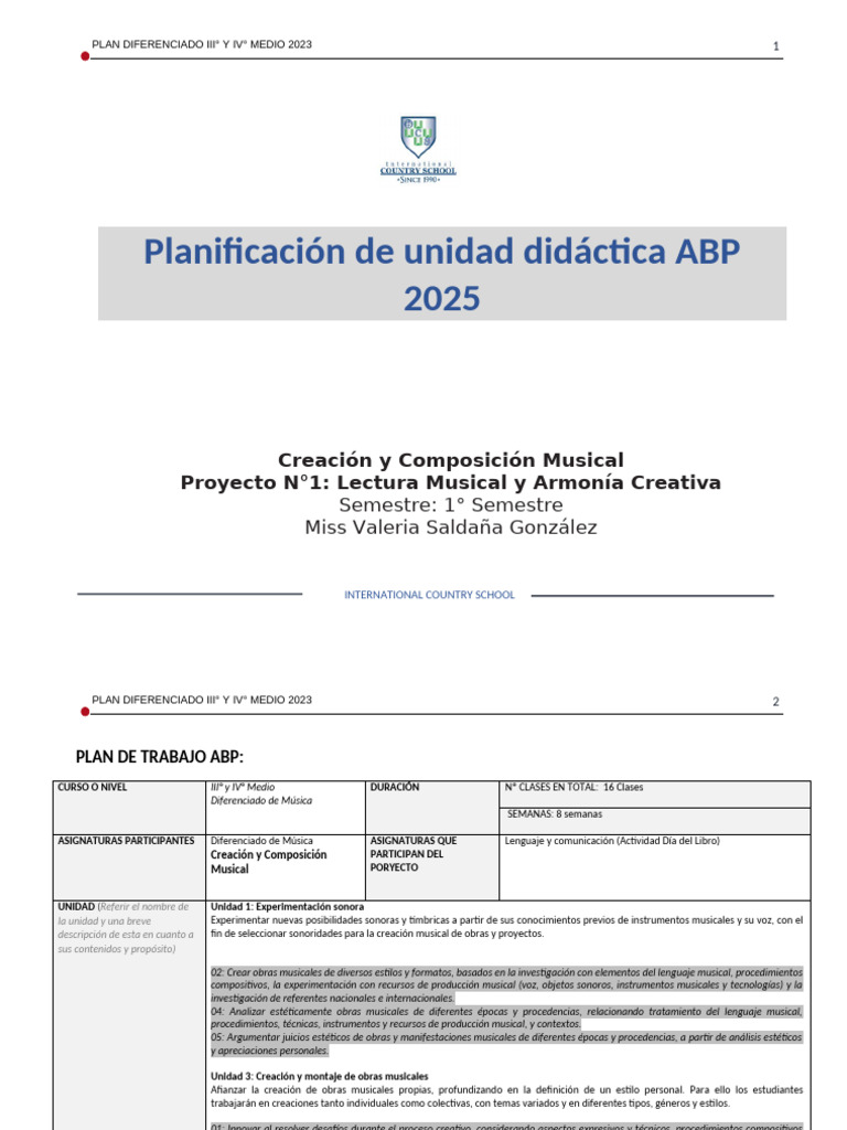 Plan de Música ABP III° y IV° Medio 2023 | PDF | Evaluación | Canciones