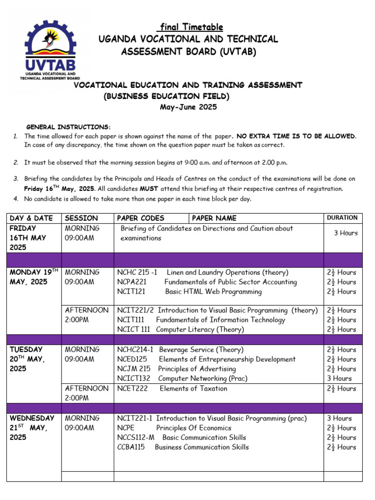 UVTAB November-December 2025 Timetable | PDF