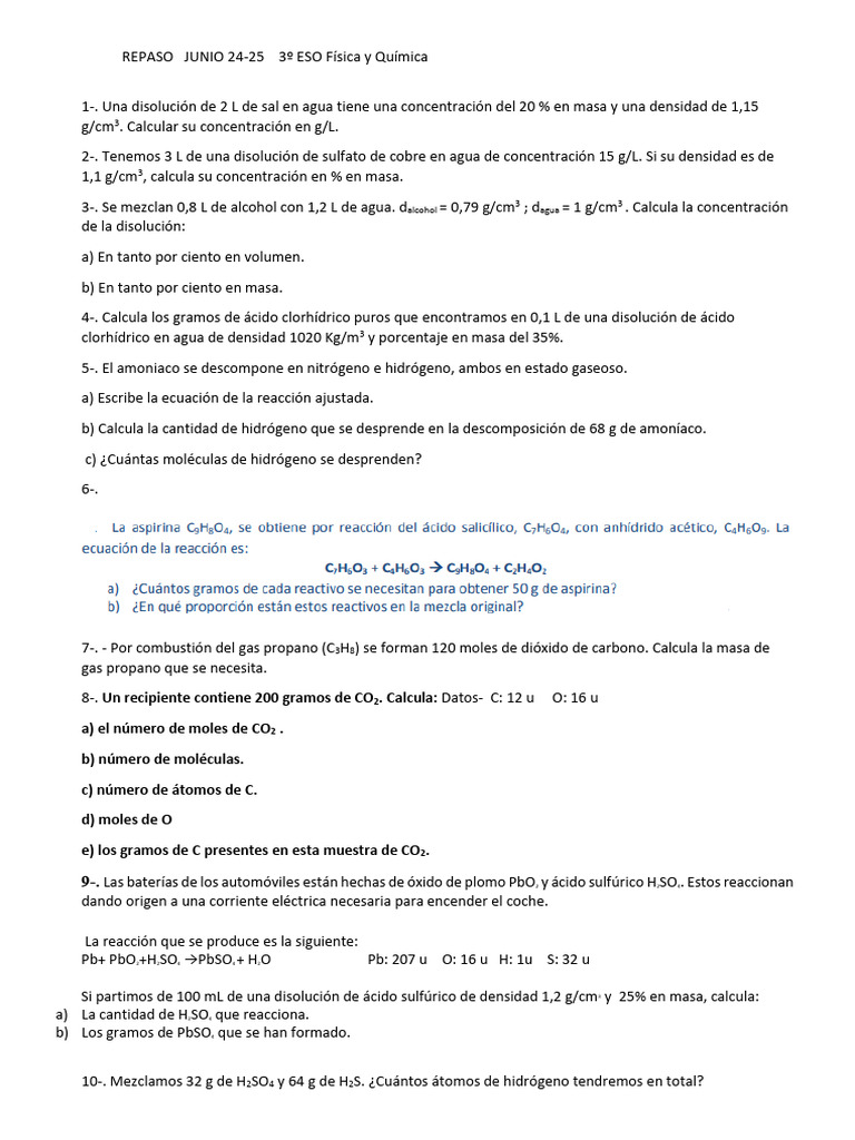 Repaso FyQ 3 ESO FINAL | PDF | Concentración | Amoníaco
