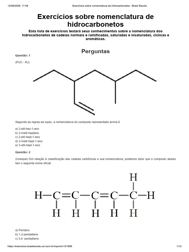 Exercícios de Nomenclatura de Hidrocarbonetos | PDF | Benzeno ...