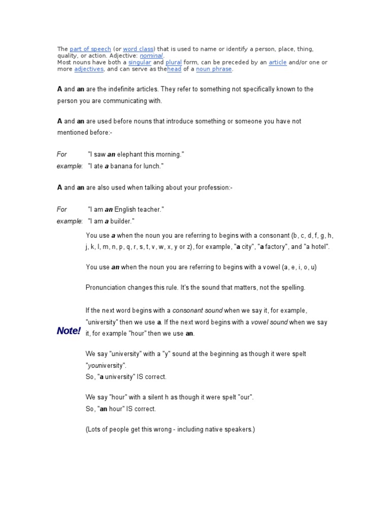 Note!: A and An Are The Indefinite Articles. They Refer To Something ...