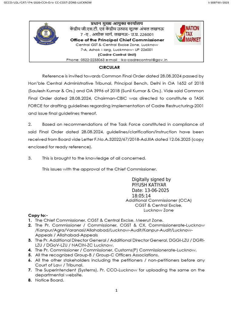 CBIC Cadre Restructuring Guidelines 2025 | PDF | Public Law | Government