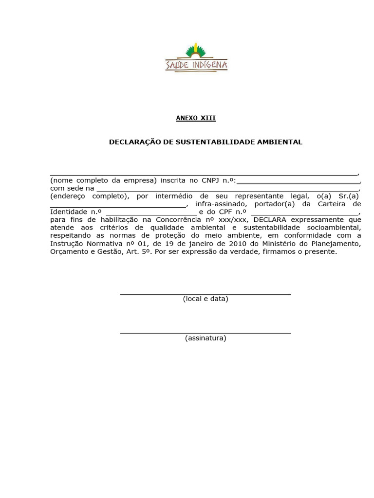 ANEXO XIII - Modelo de Declaração de Sustentabilidade Ambiental | PDF