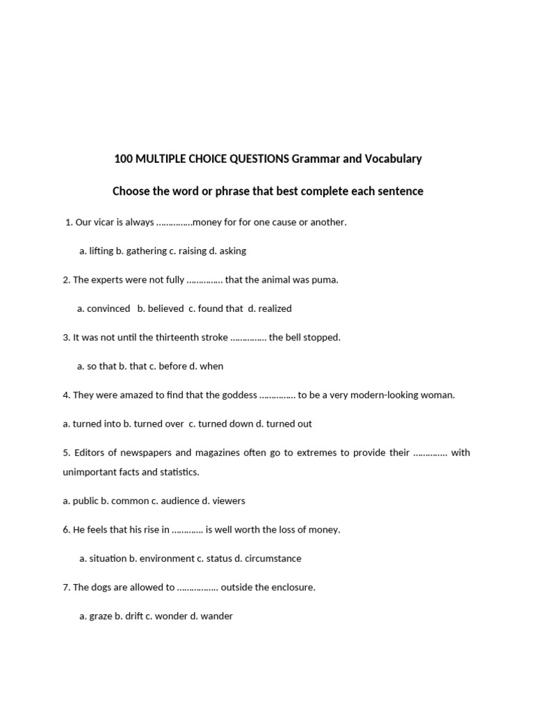 100 Grammar and Vocabulary MCQs | PDF