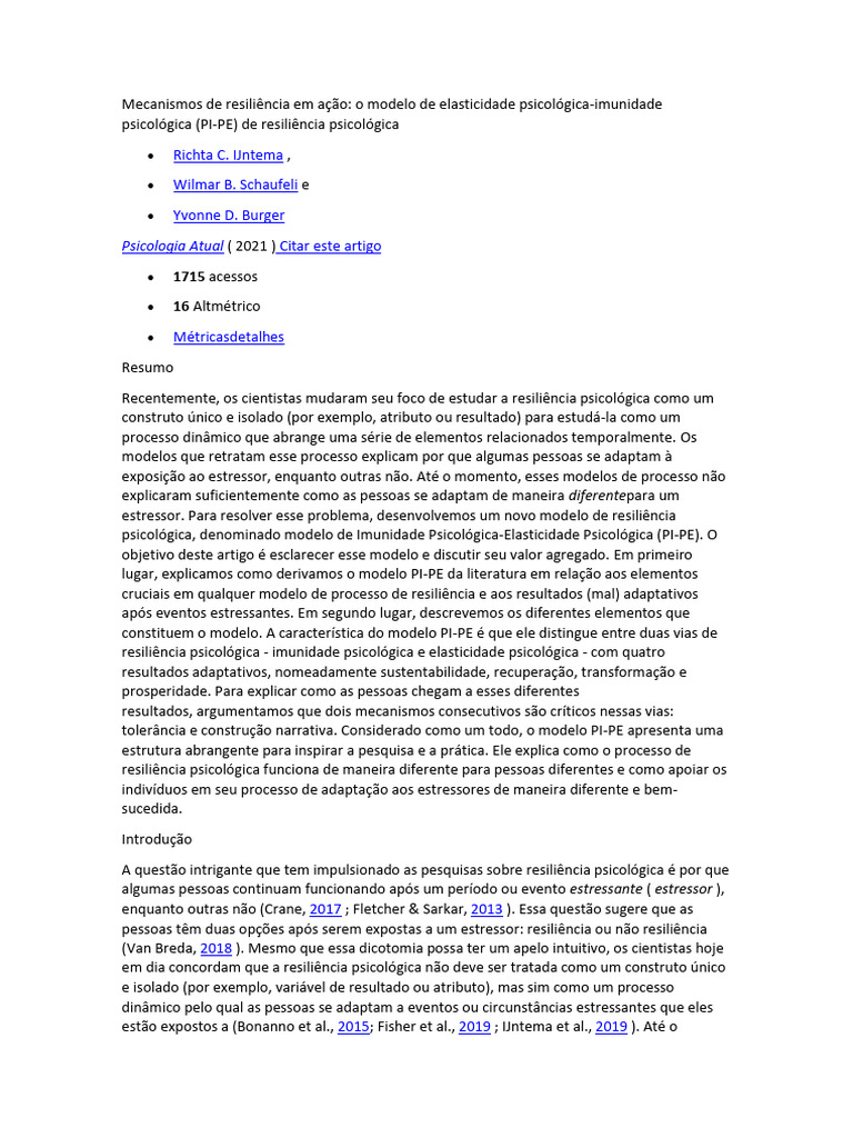Modelo PI-PE de Resiliência Psicológica | PDF | Estresse (Biologia ...