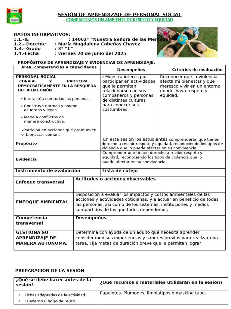Sesión de Aprendizaje - Compartimos Un Ambiente de Respeto y Equidad ...