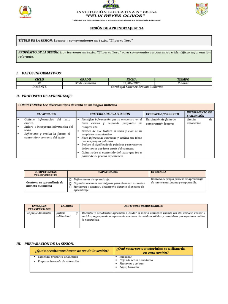Sesion de Comunicacion Tercer Grado | PDF | Aprendizaje | Evaluación