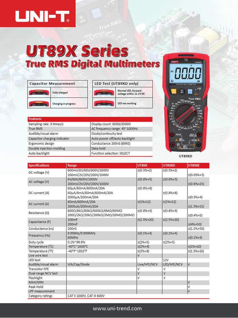UT89X Multimeter Specifications | PDF | Capacitor | Manufactured Goods