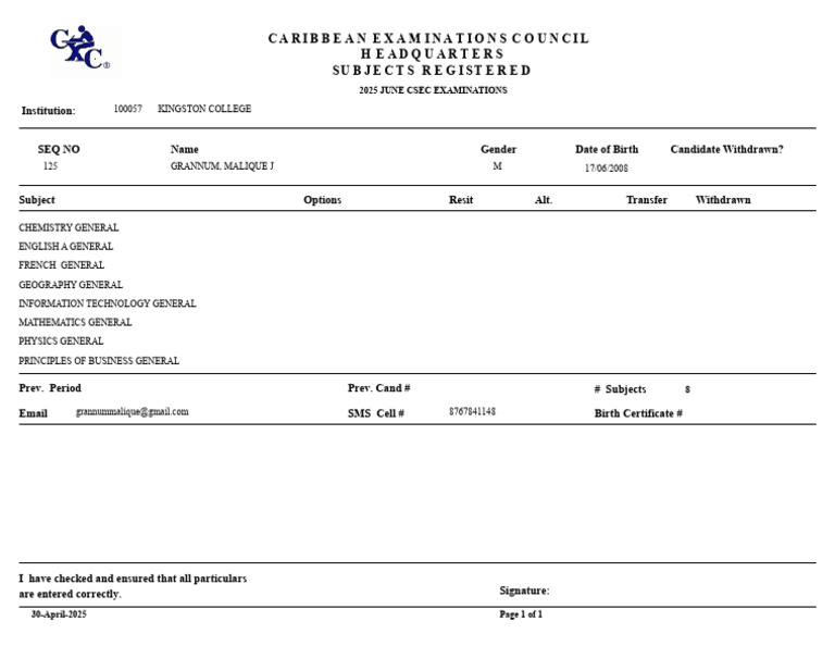 2025 CSEC Exam Registration Details | PDF