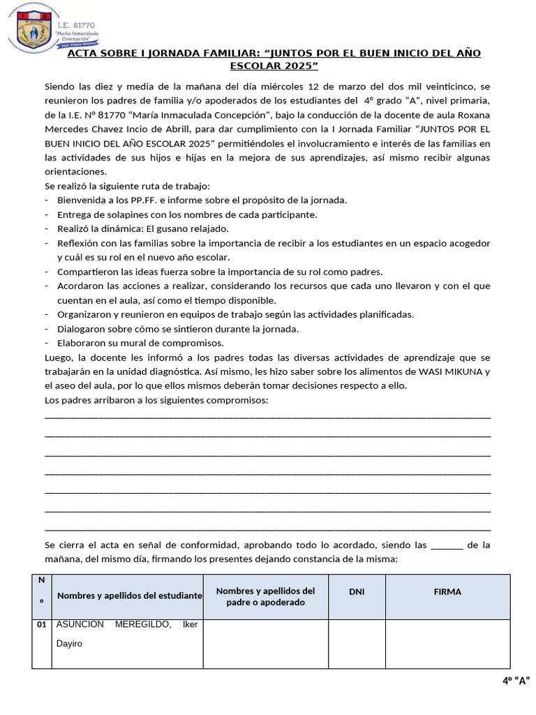 Acta I Jornada Familiar Juntos Por El Buen Inicio Del Año Escolar | PDF ...