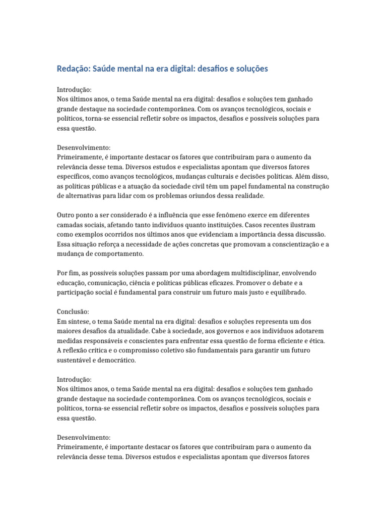 Saúde Mental na Era Digital: Desafios e Soluções | PDF | Sociedade ...