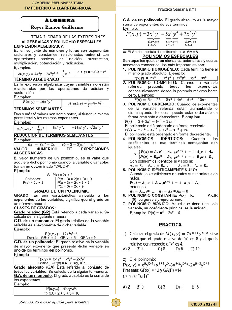 Grado de Expresiones Algebraicas y Polinomios | PDF | Ciencia ...