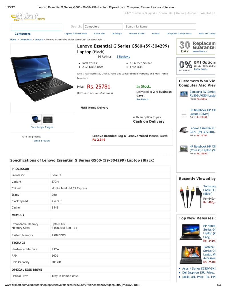 Lenovo G560 Laptop Specifications and Price | PDF | Laptop