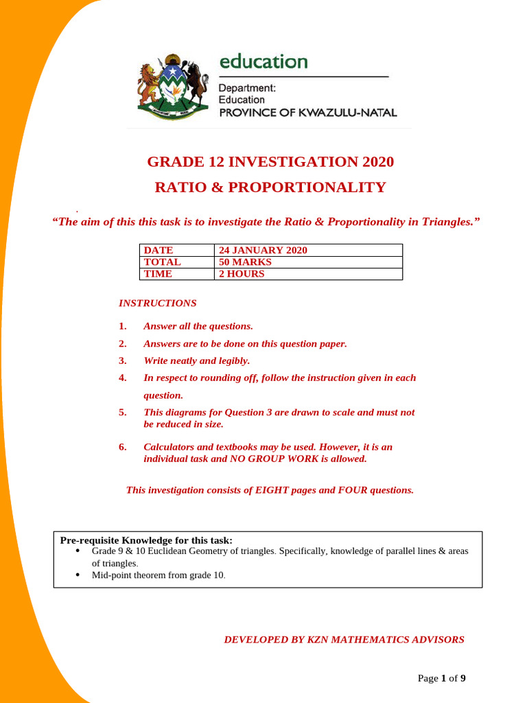 Grade 12 Ratio & Proportionality Task | PDF | Area | Triangle