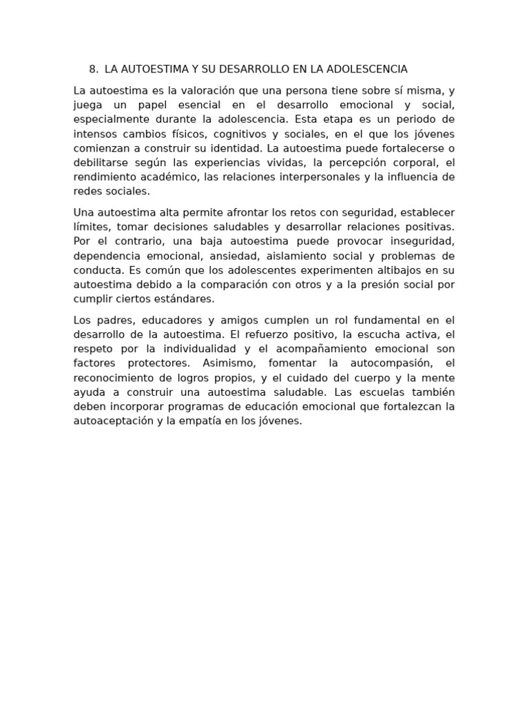 La Autoestima y Su Desarrollo en La Adolescencia | PDF