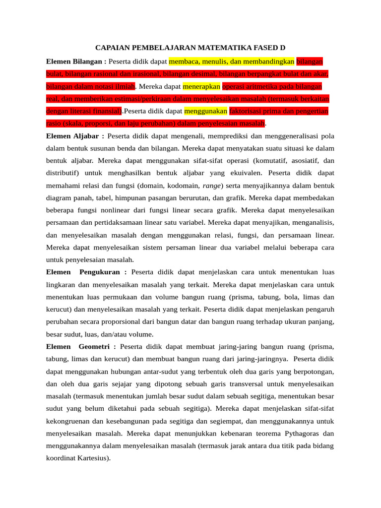 Capaian Pembelajaran Matematika Fased D | PDF