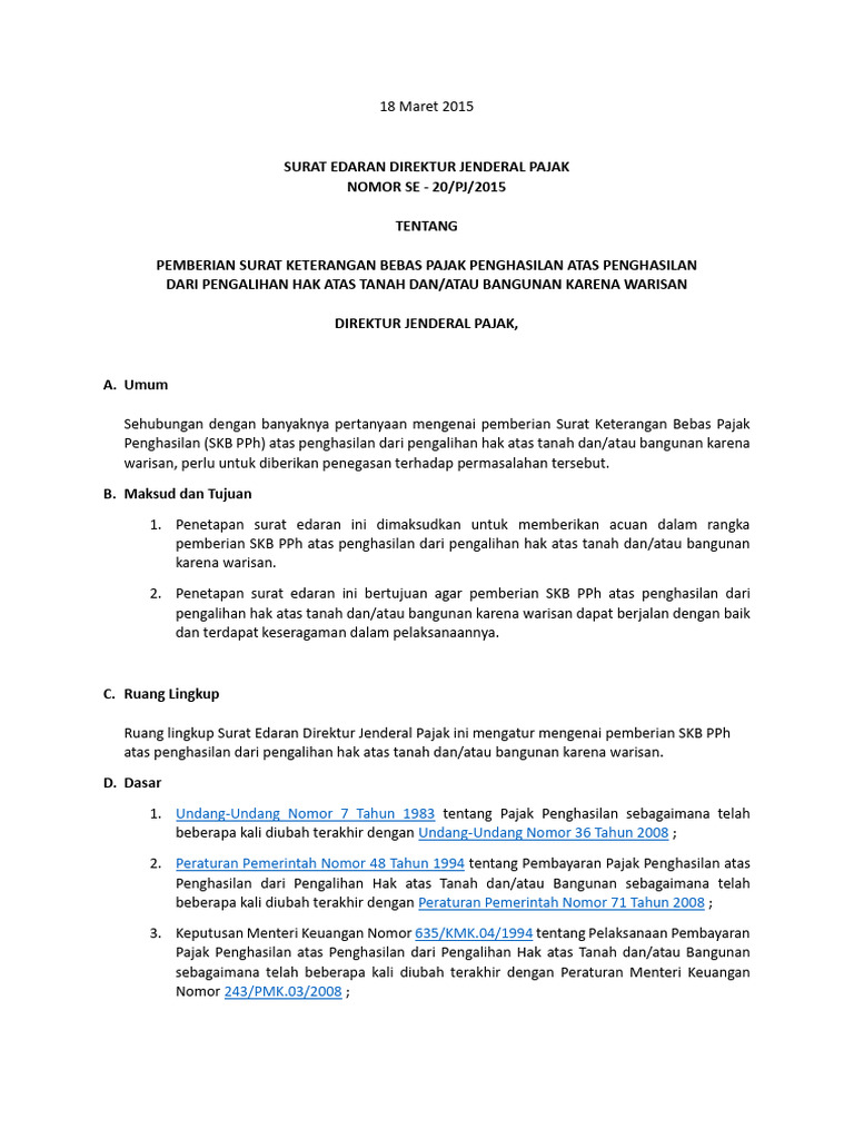 SE Dirjen Pajak Tentang PPH Waris - Aphb | PDF