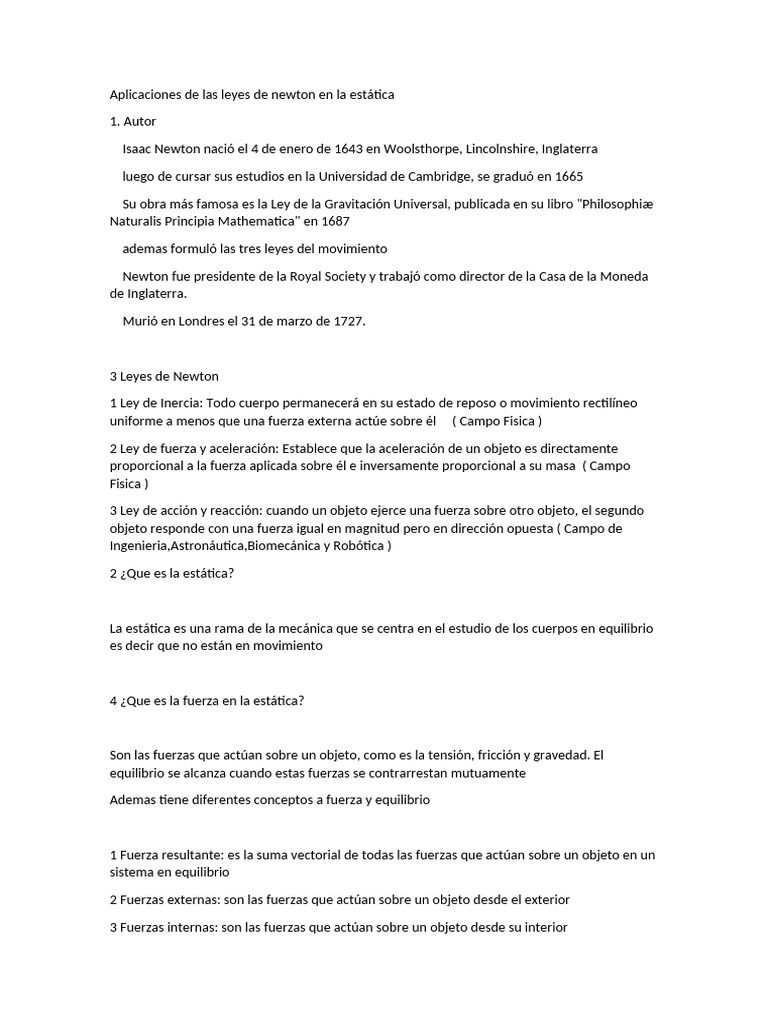 Aplicaciones de las Leyes de Newton en Estática | PDF | Fuerza | Las ...