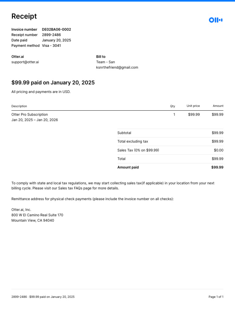 Otter.ai Subscription Receipt - $99.99 | PDF