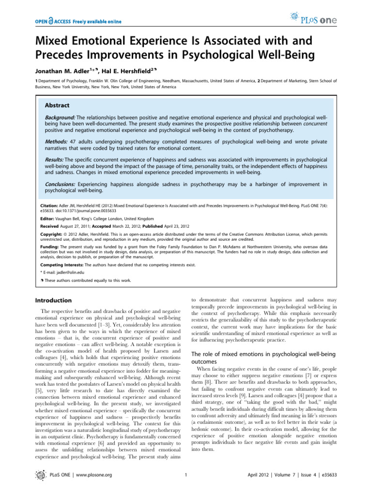 Adler Hershfield 2012 Mixed Emotional Experience Well-Being | PDF ...