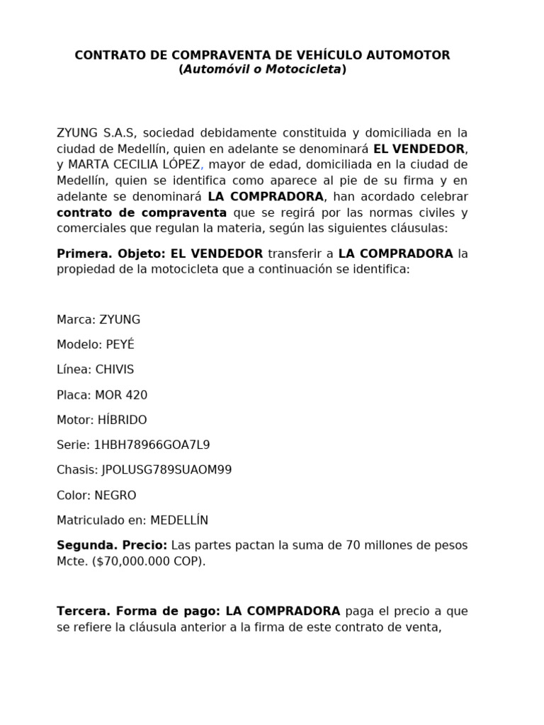 Contrato de Compra Venta de Vehículo - Contractual | PDF