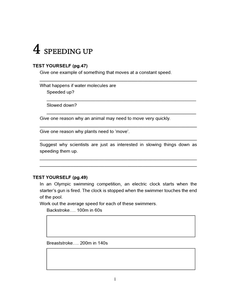 Speed and Motion Practice Questions | PDF | Swimming (Sport) | Force