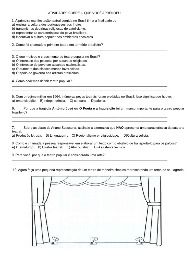 Atividade Arte - Teatro Popular - Tudo Sala de Aula | PDF